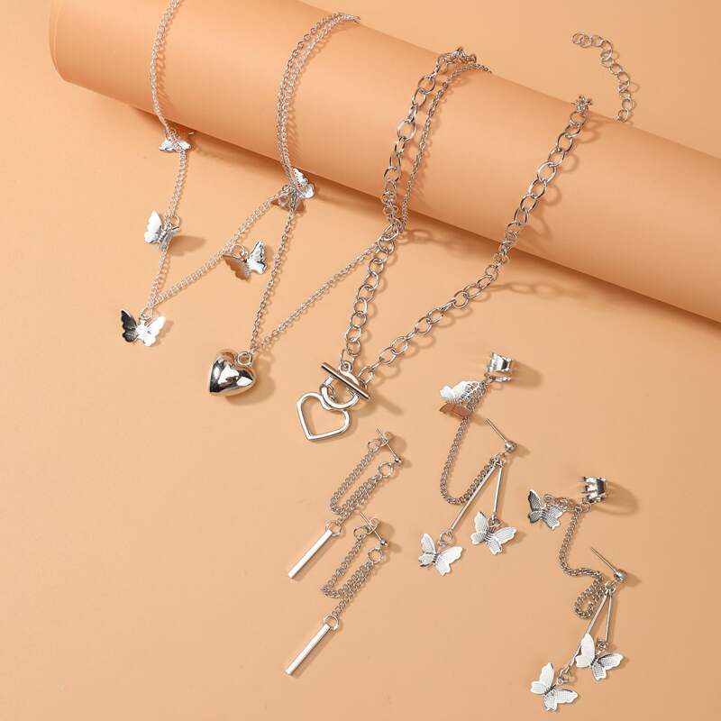 

2pairs Butterfly Charm Earrings & 3pcs Necklace, Silver