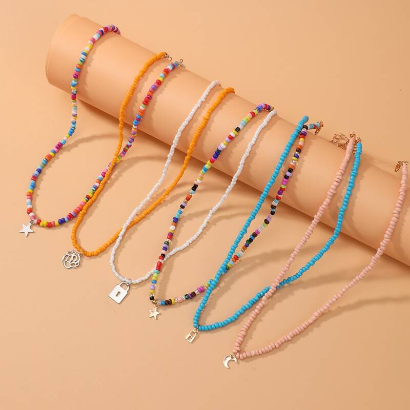 

6pcs Star Charm Beaded Necklace, Multicolor