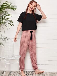 T恤和波卡圓點褲子睡衣套裝 - 彩色 - 查看 1
