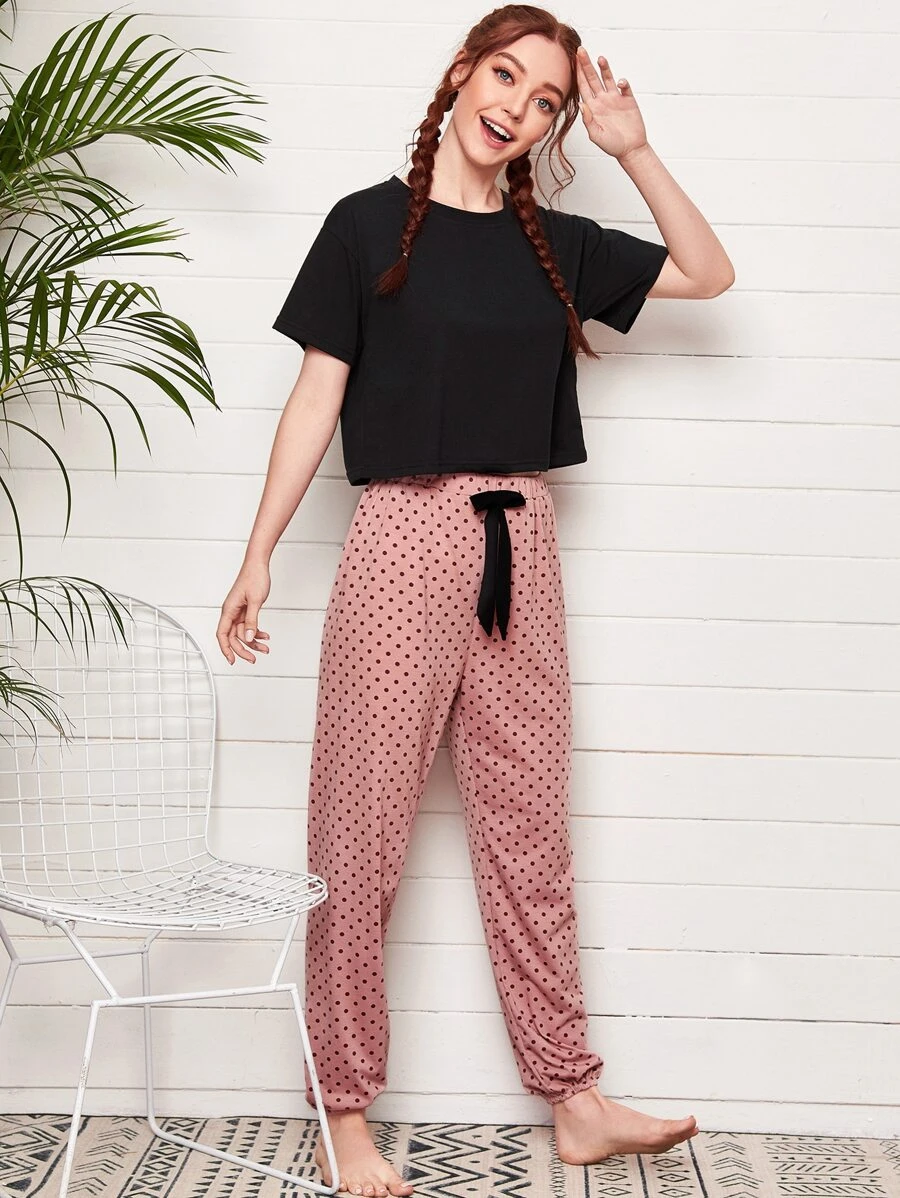 T恤和波卡圓點褲子睡衣套裝 - 彩色 - 查看 1