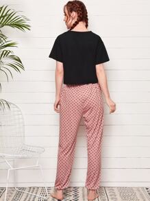 T恤和波卡圓點褲子睡衣套裝 - 彩色 - 查看 2