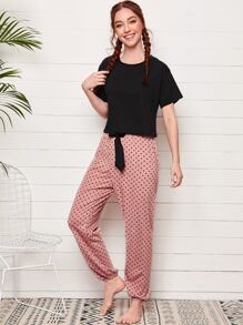 T恤和波卡圓點褲子睡衣套裝 - 彩色 - 查看 4