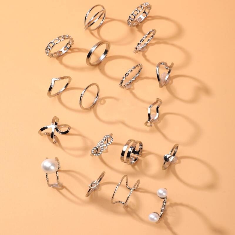 18pcs Faux Pearl Ring, Silver