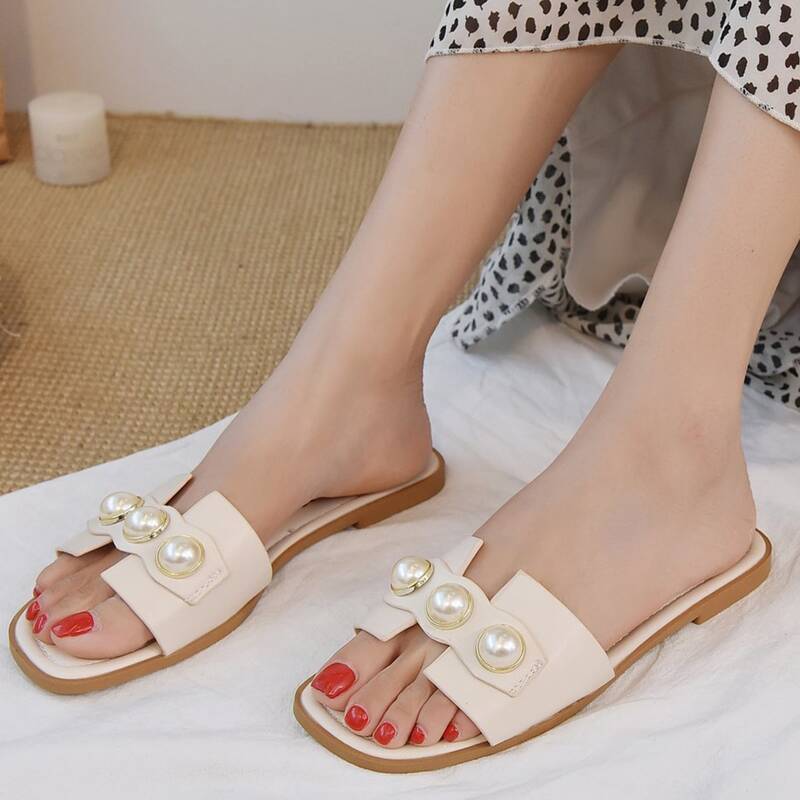 

Faux Pearl Decor Slide Sandals, Beige