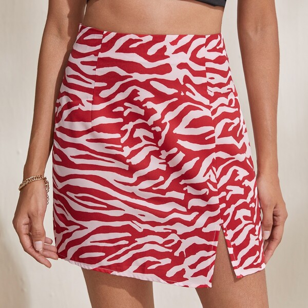 

Zebra Striped Split Hem Skirt, Red