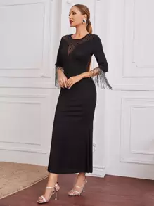 Modelyn Contrast Mesh Fringe Cuff Mermaid Hem Dress - Black - View 3