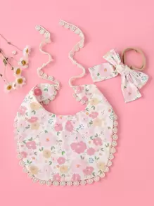 Babero de bebé con patrón floral con diadema - Rosa - Ver 1