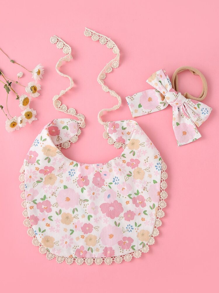 Babero de bebé con patrón floral con diadema - Rosa - Añade 1