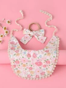 Babero de bebé con patrón floral con diadema - Rosa - Ver 2