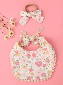 Babero de bebé con patrón floral con diadema - Rosa - Ver 3