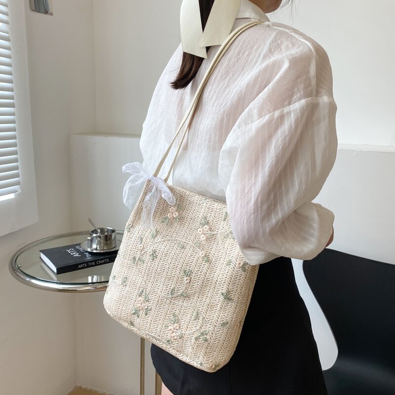 

Flower Embroidered Straw Bag, Beige