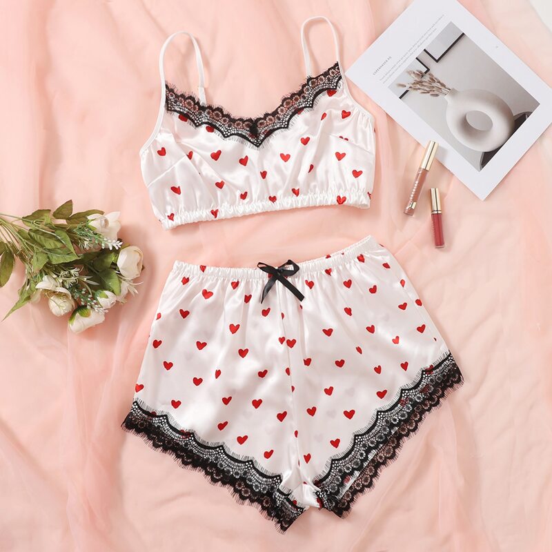 

Floral Lace Trim Satin Cami Top & Shorts Night Set, White