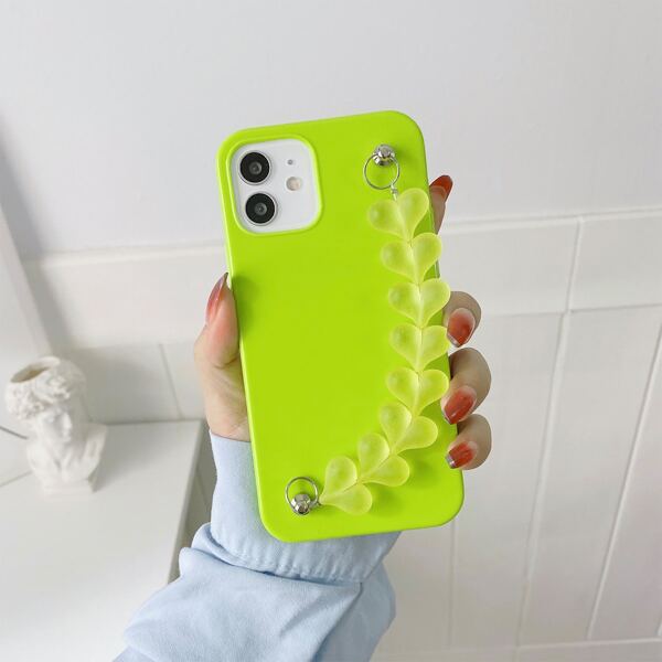 

Solid Phone Case With Heart Decor Hand Strap, Green