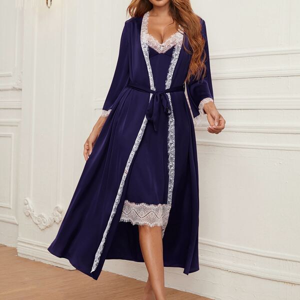 

2 Pack Satin Contrast Lace Belted Night Set, Royal blue