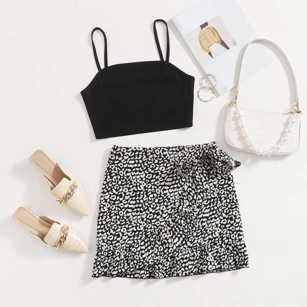 

Solid Cami Top & Ruffle Trim Knot Side Skirt, Black and white