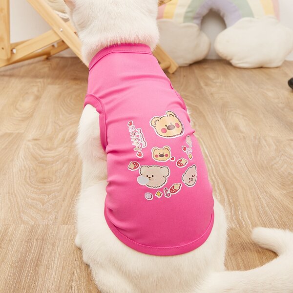 

Cartoon Bear Print Pet Tank, Hot pink
