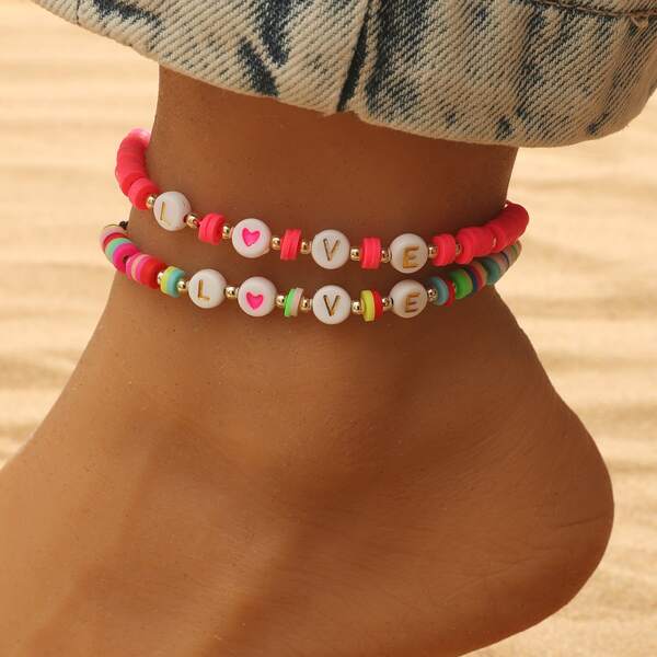 

2pcs Girls Letter Decor Soft Clay Beaded Anklet, Multicolor
