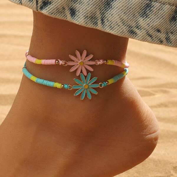 

2pcs Girls Flower Decor Soft Clay Beaded Anklet, Multicolor