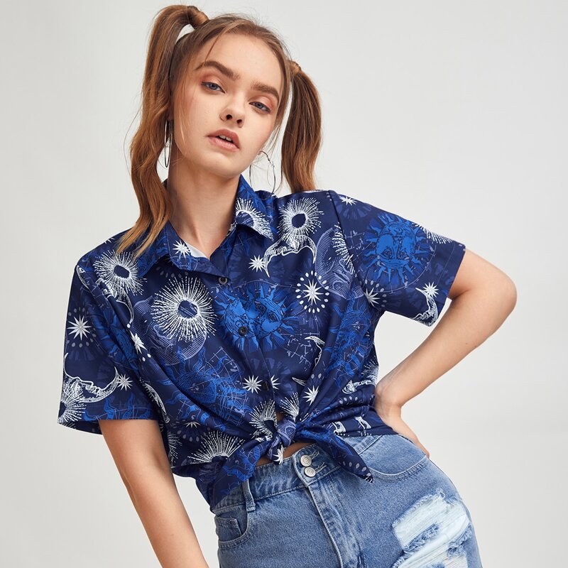 

Sun & Moon Graphic Button Front Blouse, Blue