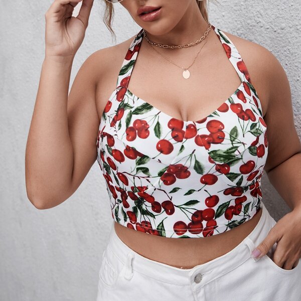 

Plus Cherry Print Knot Halter Top, Red