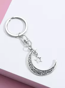 街头月亮和星星吊饰钥匙扣汽车配件包饰学校可爱哥特千禧年万圣节配饰教师节圣诞节礼物创意包袋挂绳带身份证夹汽车配件包饰 - 銀色 - 查看 1