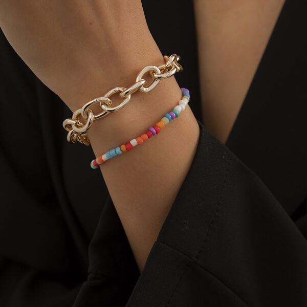

2pcs Bead Decor Bracelet, Multicolor