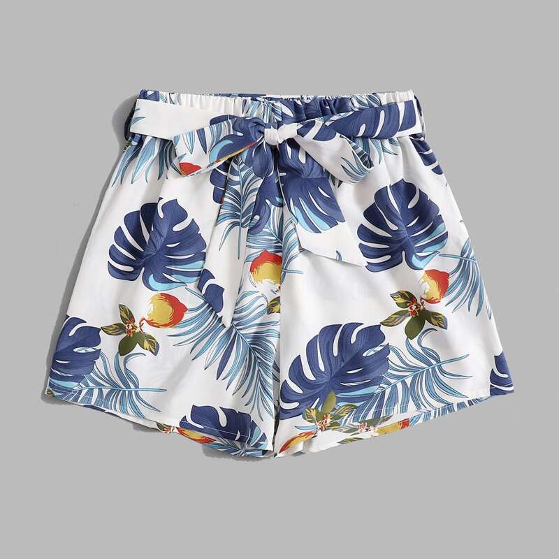 

Leaf Print Belted Shorts, Multicolor