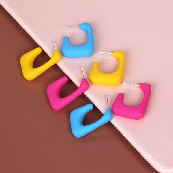 

3pairs Girls Geometric Hoop Earrings, Multicolor