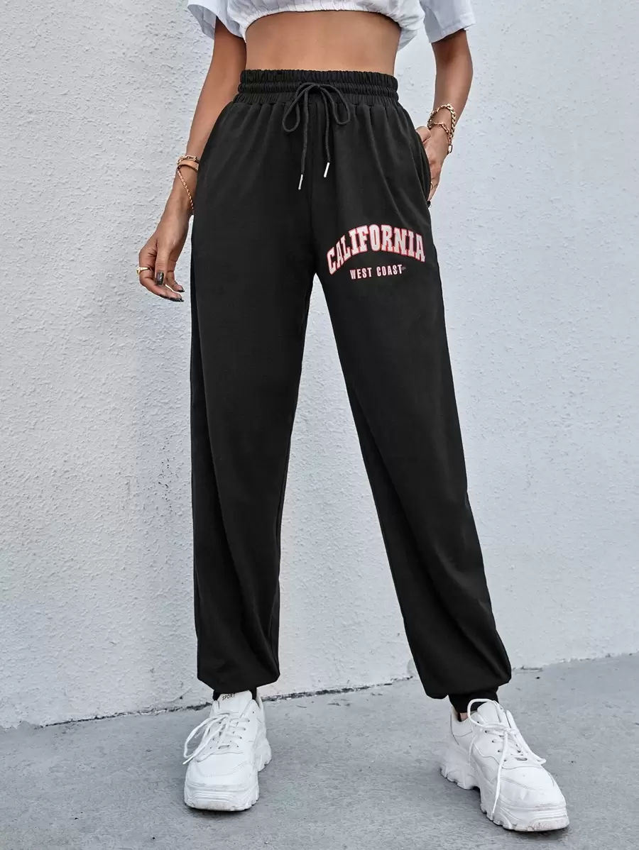 字母圖案抽繩運動褲 - 黑色 - 查看 1