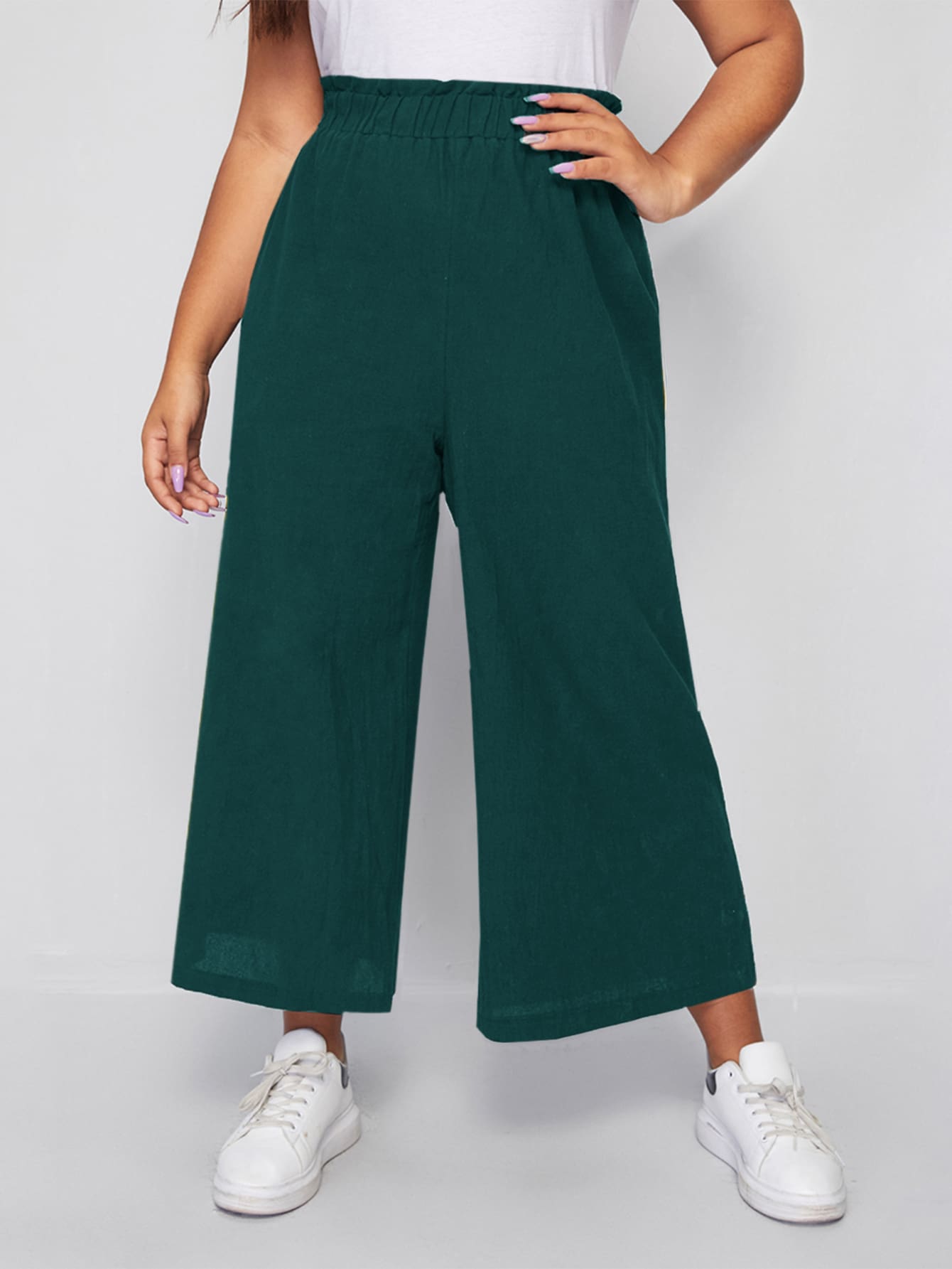 Flirla Plus Paper Bag Waist Wide Leg Pants - Dark Green - View 1