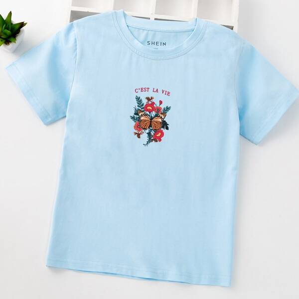 

Girls Floral & Letter Graphic Tee, Baby blue