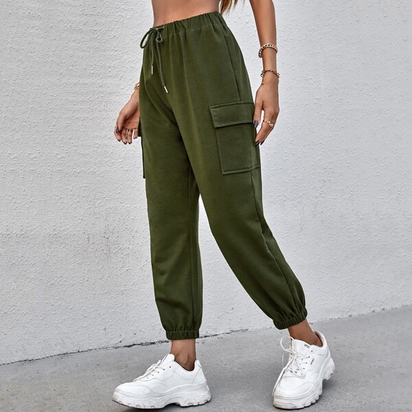

Flap Pocket Drawstring Waist Sweatpants, Army green