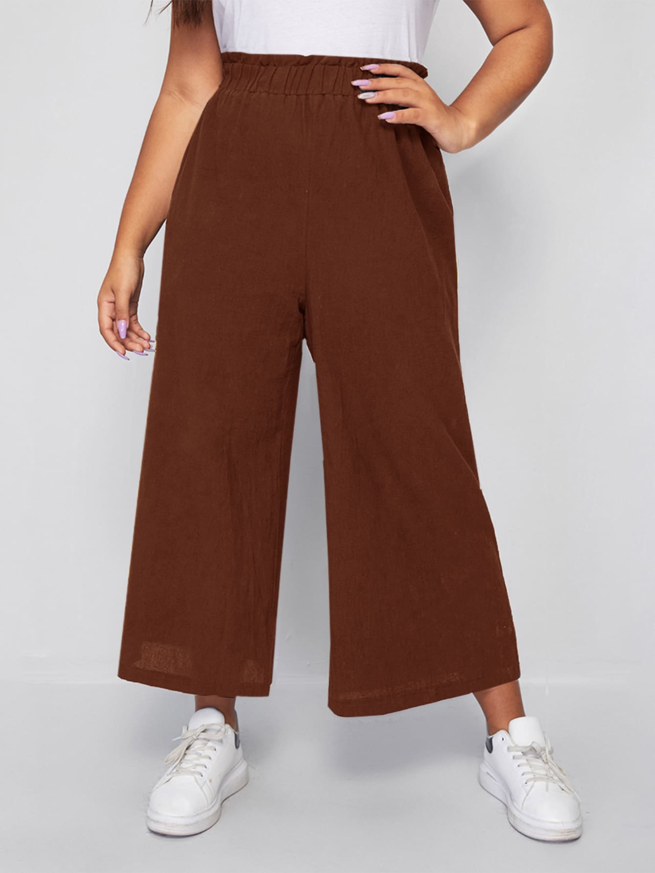 Flirla Plus Paper Bag Waist Wide Leg Pants - Coffee Brown - View 1
