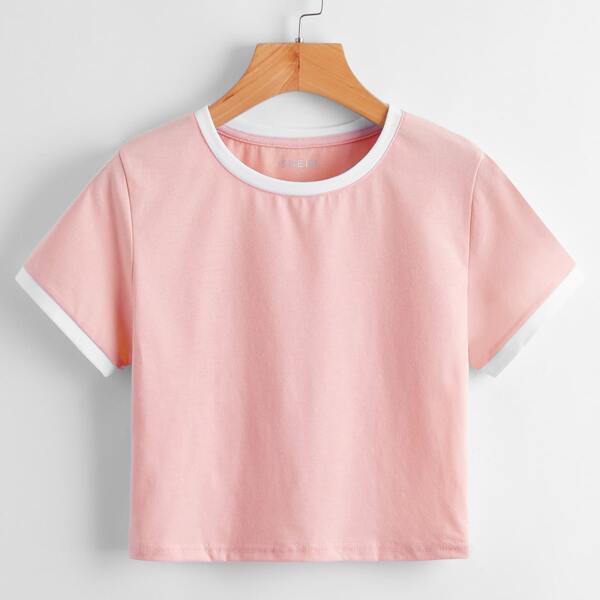 

Contrast Binding Crop Ringer Tee, Baby pink