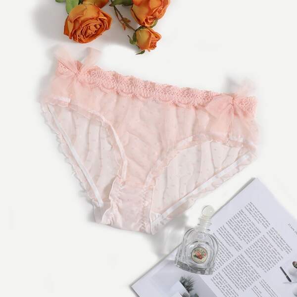 

Plus Lace Trim Dobby Mesh Panty, Baby pink
