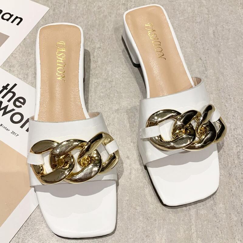 

Chain Decor Block Heeled Mule Sandals, White