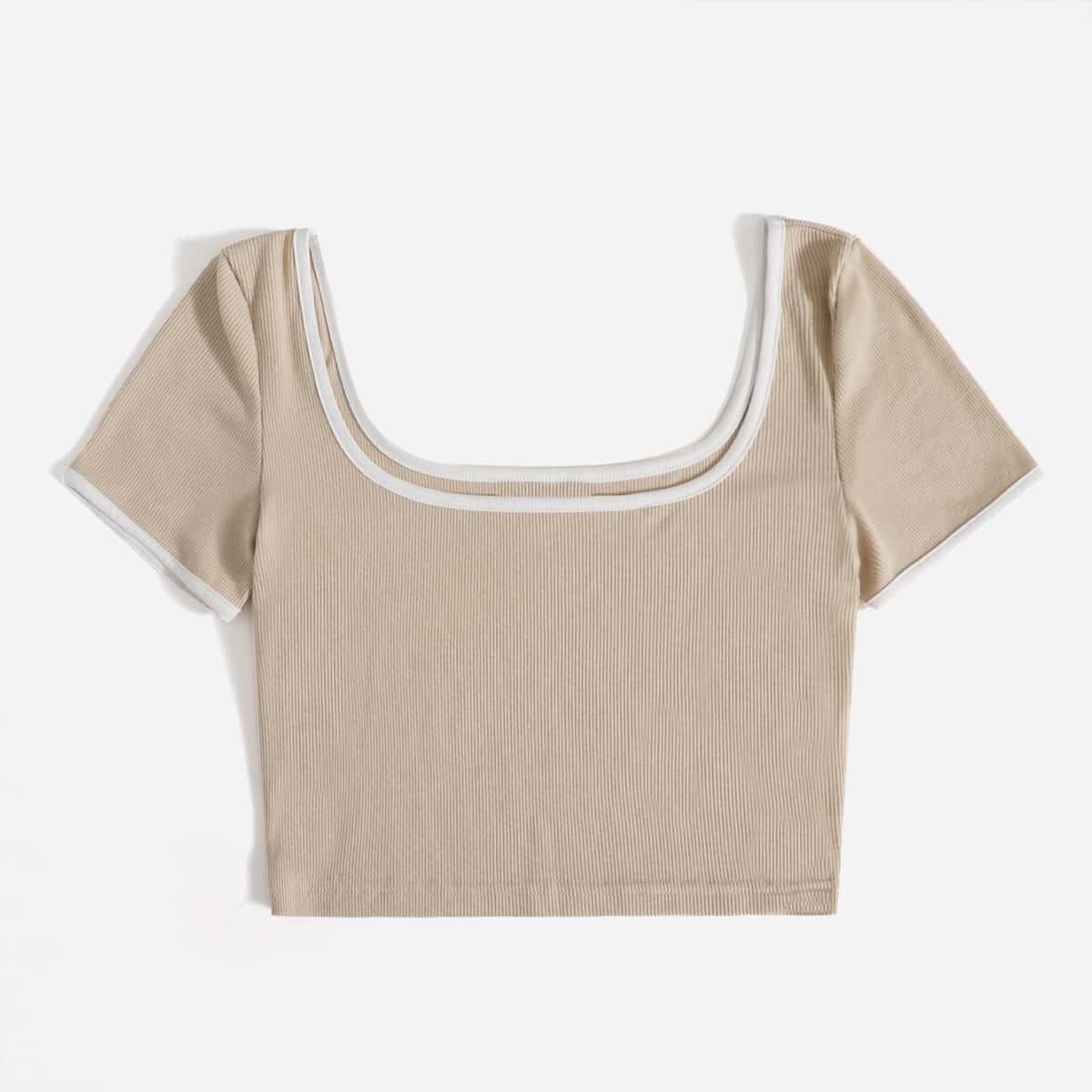 

Contrast Binding Ribbed Tee, Khaki
