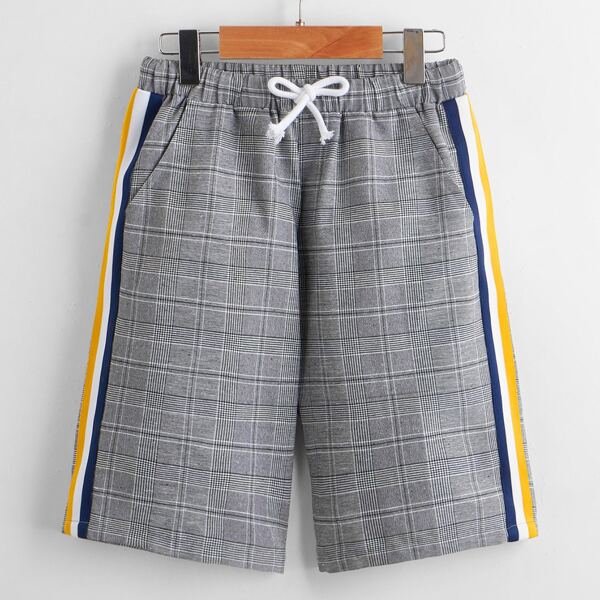 

Boys Knot Waist Striped Tape Side Plaid Shorts, Multicolor