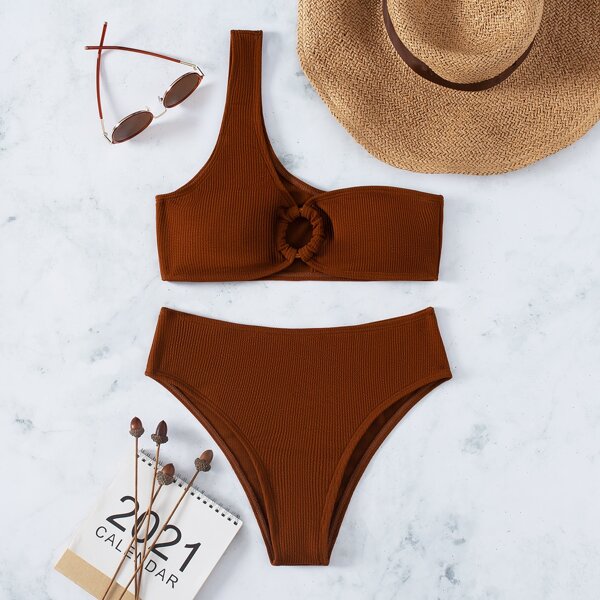 

Rib Ring Linked One Shoulder Bikini Swimsuit, Coffee brown