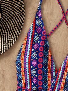 幾何和條紋圖案連體泳衣