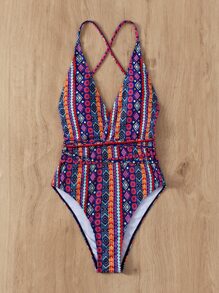 幾何和條紋圖案連體泳衣