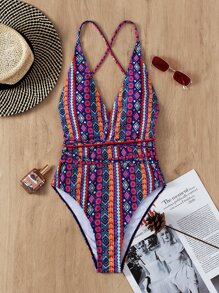 幾何和條紋圖案連體泳衣