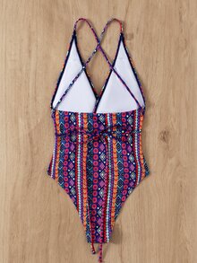 幾何和條紋圖案連體泳衣