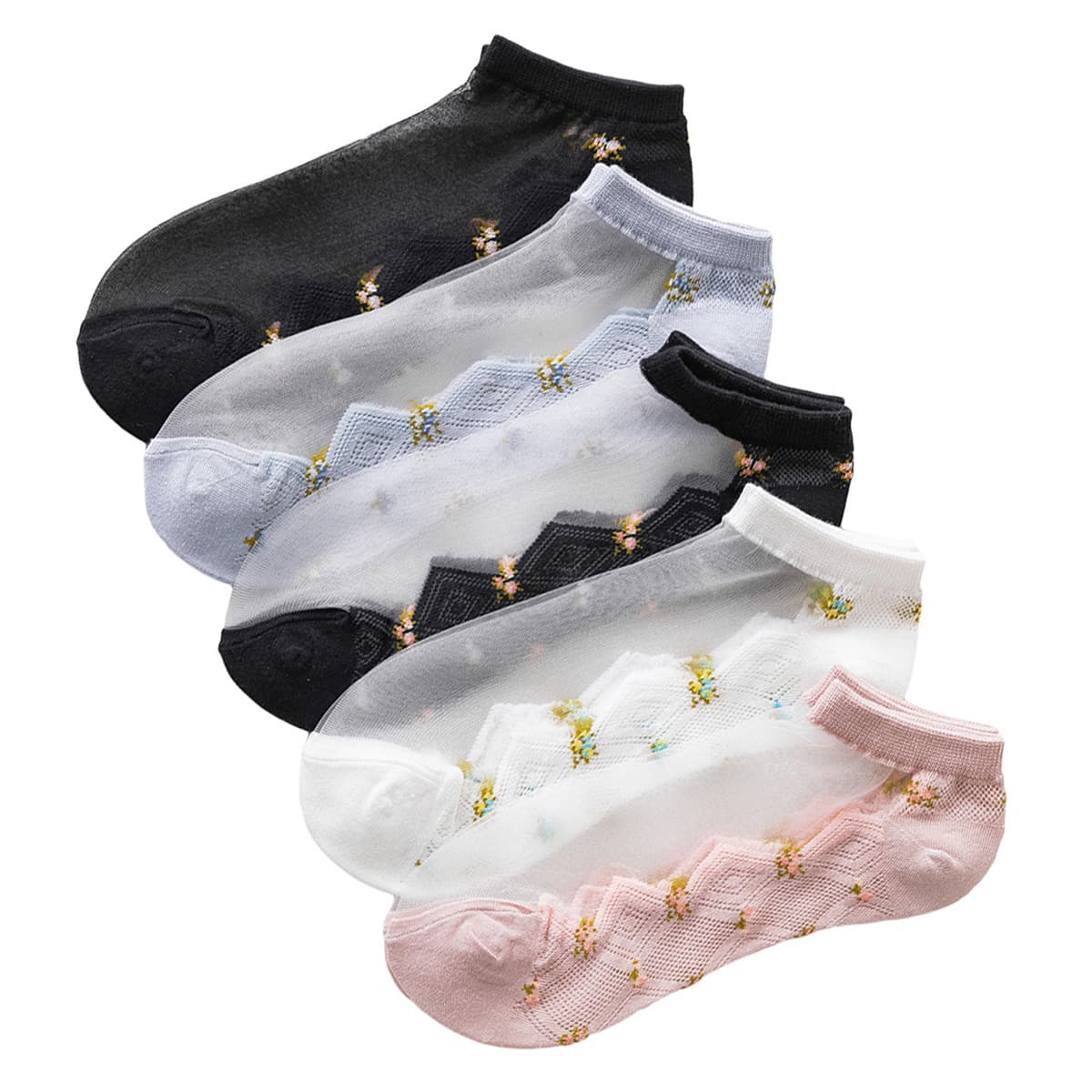 

5pairs Contrast Mesh Ankle Socks, Multicolor