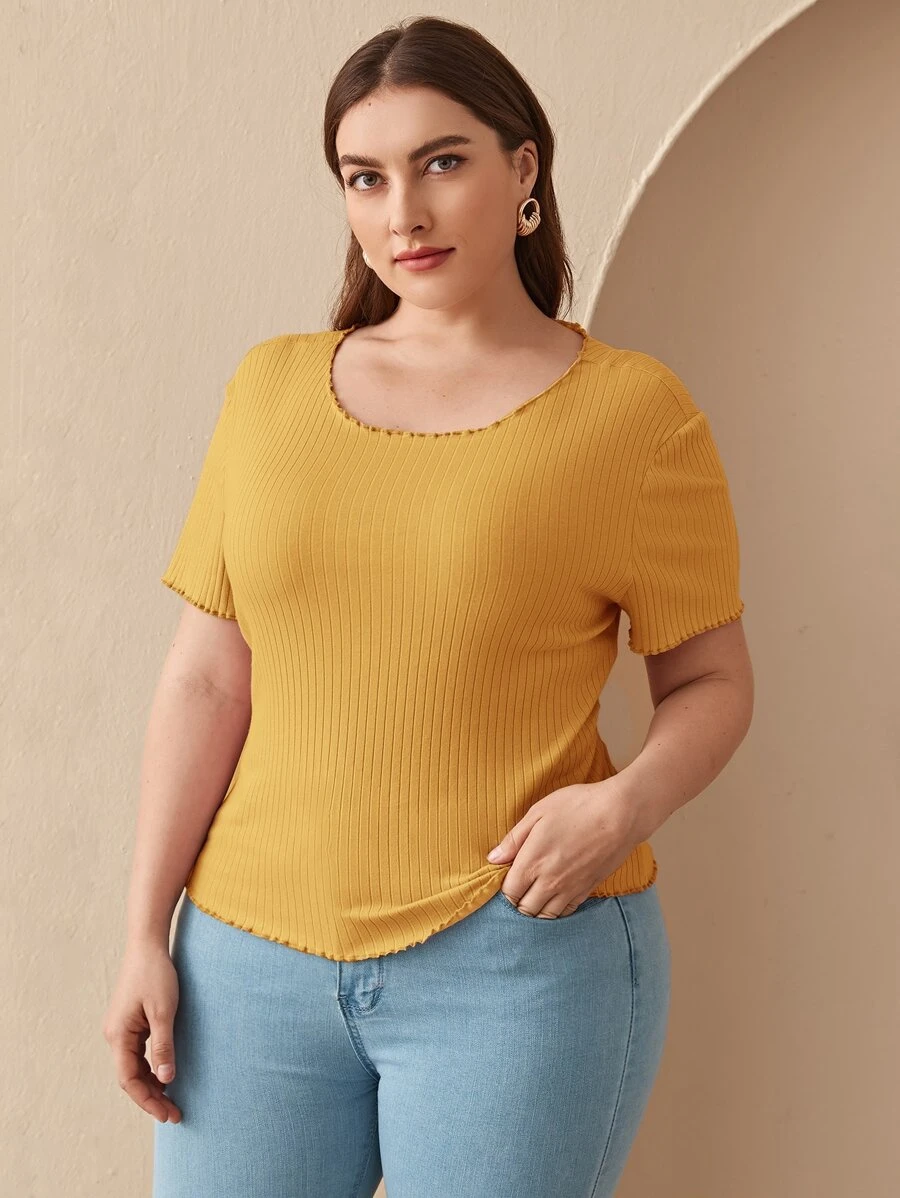 Mulvari Top tejido de canalé ribete en forma de lechuga - Mostaza Amarilla - Ver 1