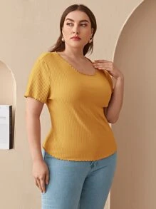 Mulvari Top tejido de canalé ribete en forma de lechuga - Mostaza Amarilla - Ver 5