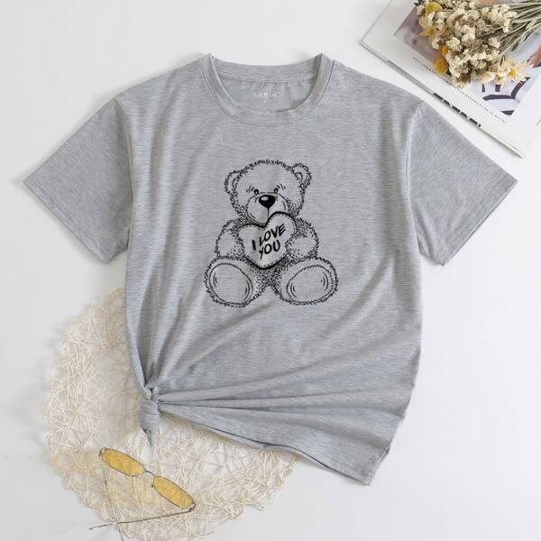 

Cartoon Bear Graphic Round Neck Tee, Grey