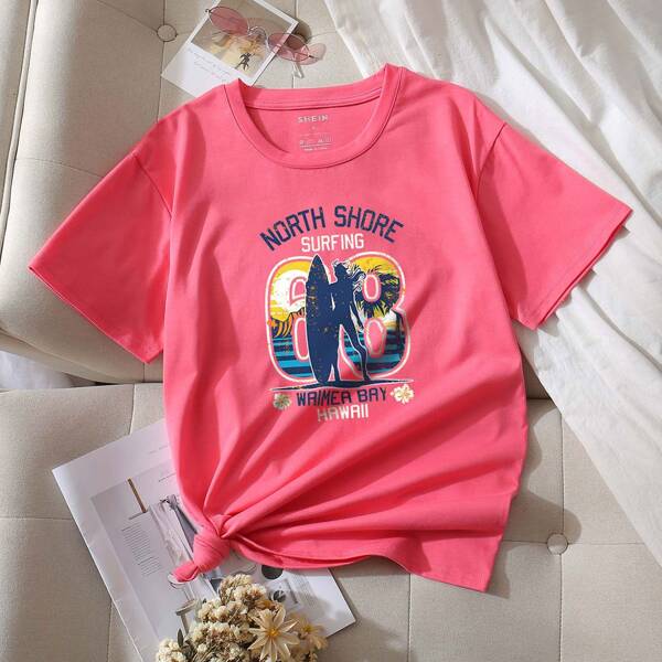 

Letter And Figure Graphic Round Neck Tee, Watermelon pink