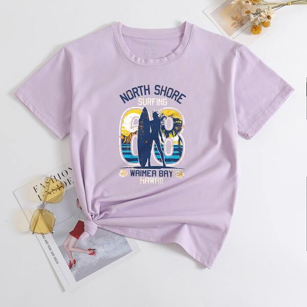 

Letter And Figure Graphic Round Neck Tee, Mauve purple