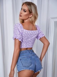 SHEIN VCAY 小碎花泡泡袖上衣 - 紫色 - 查看 2